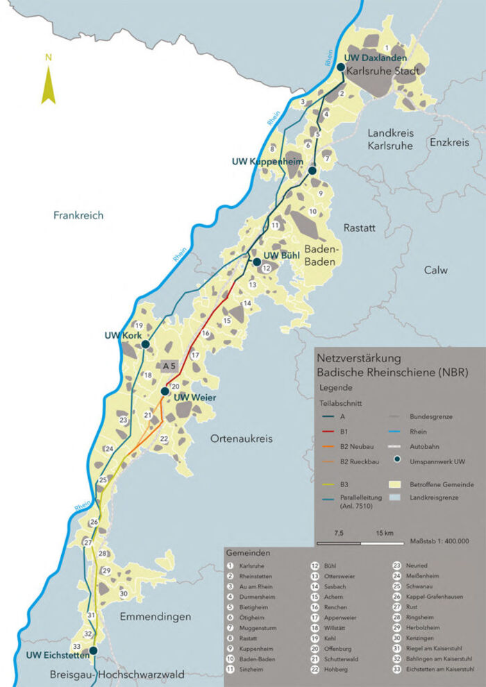Karte des Projekts Netzverst&auml;rkung Badische Rheinschiene mit visualisierten Leitungsbau-Trassen und UWs f&uuml;r Cteam.